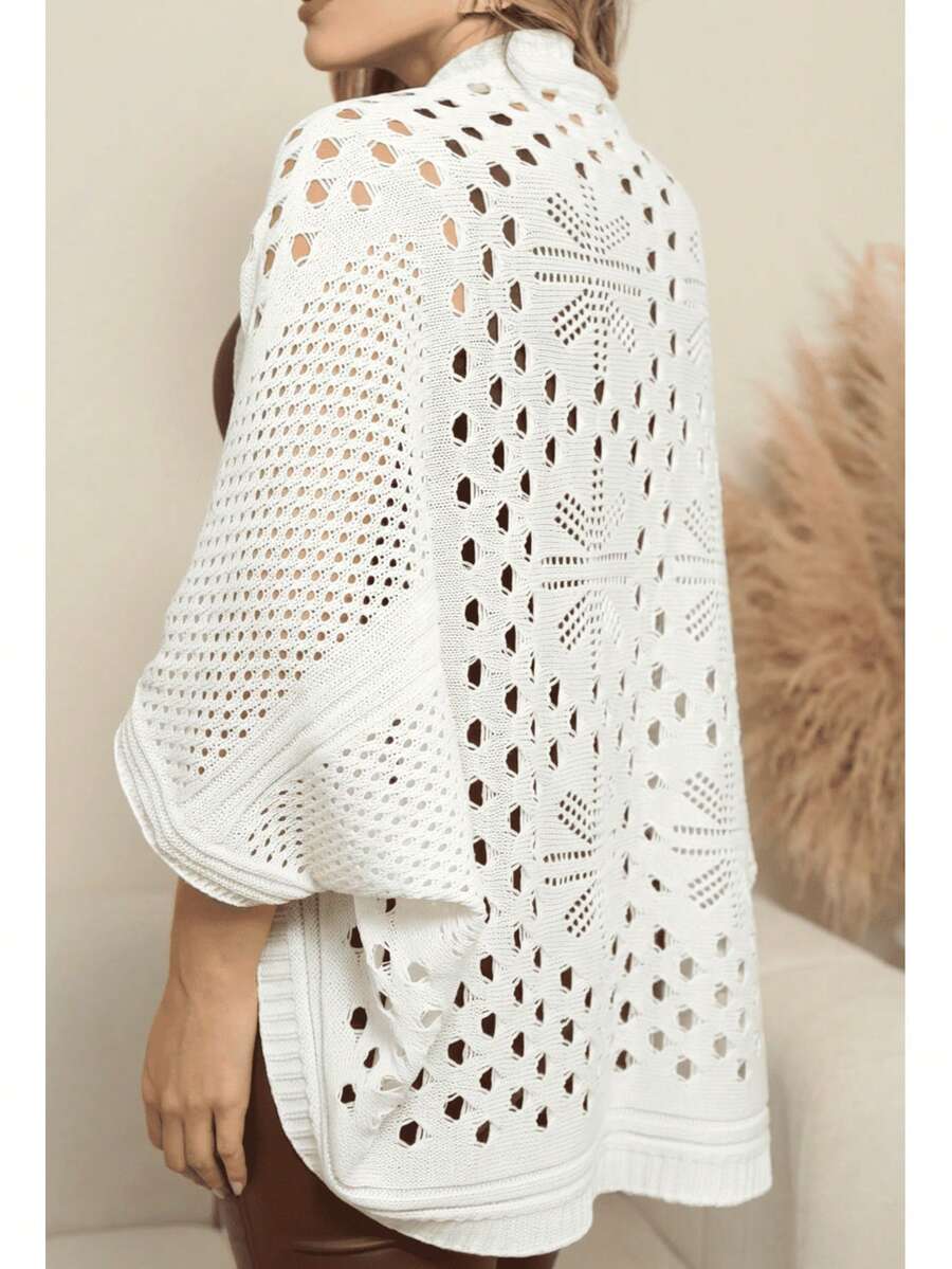 Women's Knitted Poncho Coat With Elegant Crochet Detail And Soft Warm Sleeves - 白色 - 查看 1
