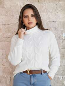 Women's Cold Weather Sweater Turtleneck Wool Puff Sleeve Knitted Knit Braids - 白色 - 查看 1