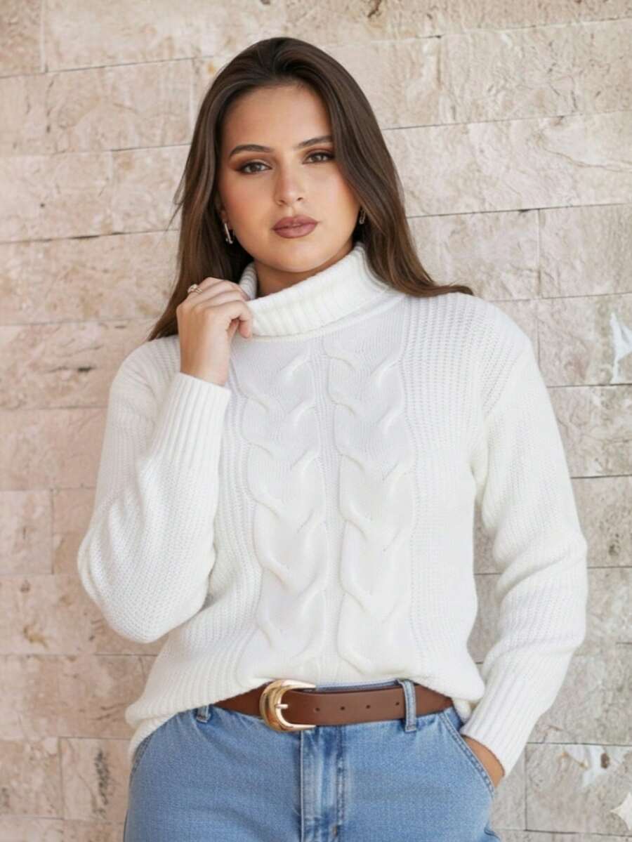 Women's Cold Weather Sweater Turtleneck Wool Puff Sleeve Knitted Knit Braids - 白色 - 查看 1