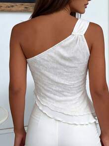 女士优雅白色不对称下摆荷叶边修身衬衫，适合办公室和约会穿着 - 白色 - 查看 3