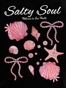 女士加大码粉色“Salty Soul”图案短袖T恤，弹力夏季休闲度假上衣，黑色 - 黑色 - 查看 4