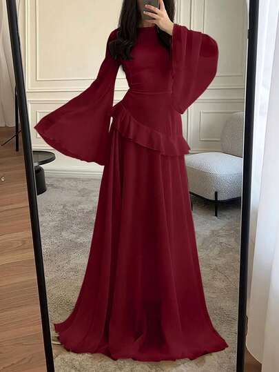 Women's Elegant Flounced Splice Cinched Waist Flare Sleeve Dress, Spring/Summer