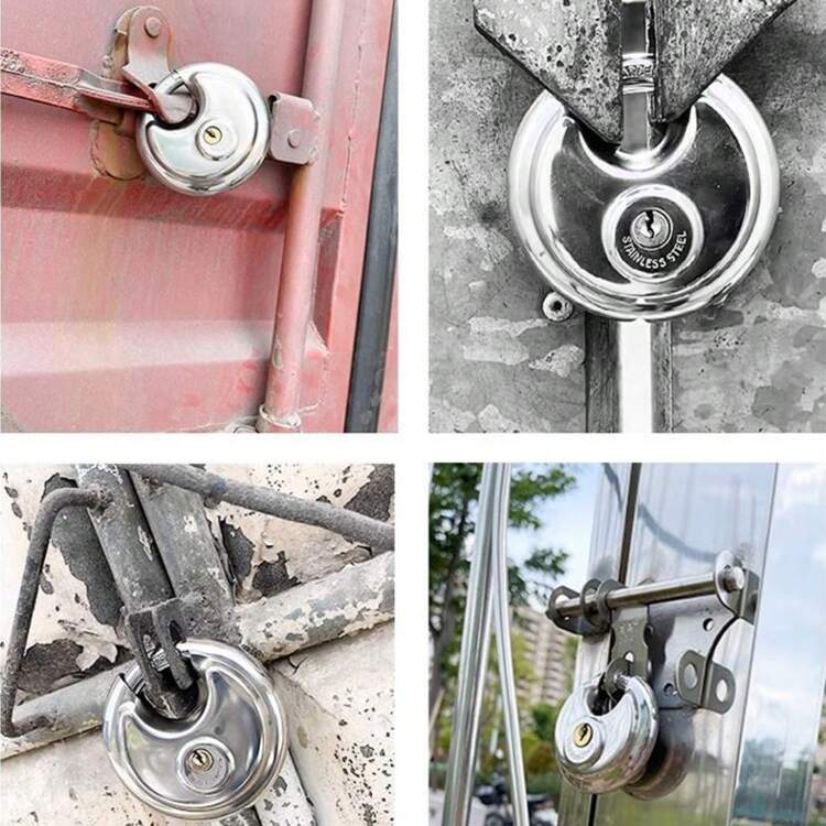 Ổ khóa tròn chịu lực cao, nhiều kích cỡ kèm chìa khóa, càng khóa bằng thép tôi cứng chống cắt, cưa và va đập, thép không gỉ chống gỉ sét và ăn mòn, cấu trúc hình đĩa ngăn chặn việc mở khóa bằng vũ lực, thích hợp cho cửa ra vào, nhà kho, xe cộ, tủ chứa đồ, hộp dụng cụ, xe đạp và các tình huống an ninh chống trộm khác. - Khóa đĩa tròn - Xem 10