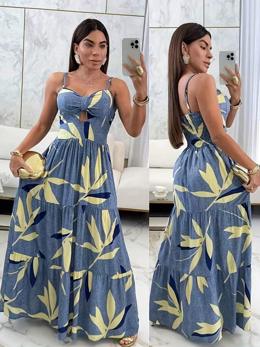 Vestido de tirantes finos con estampado floral y diseño calado, vestido de playa estilo bohemio - Azul - Ver 1