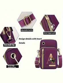 1个金属花朵和26个字母A-Z印花时尚休闲单肩包，尼龙材质零钱包，手机单肩包，女士手提包，多功能腕包，带手机口袋的单肩包和零钱包，休闲旅行学生礼物，母亲节，周年纪念日，生日，返校，节日礼物 - 彩色 - 查看 2