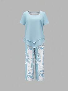 Women's Summer  Blue Leaf Print 2 Piece Outfit, Lightweight Breathable Asymmetrical Hem Short Sleeve Top & Capri Pants Set For Daily & Vacation Wear,Women's Sports Suit,Sportswear,2 Piece Sets Woman,Two Piece Set Women,Summer Outfits For Women,Summer Clothes,Beachwear,Vacation Outfits Women,Vacation Essentials - Màu xanh lam - Xem 2