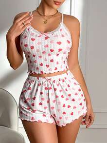 Bộ đồ ngủ nữ in hình trái tim, kiểu áo hai dây sau lưng đan chéo và quần short. - trắng - Xem 4