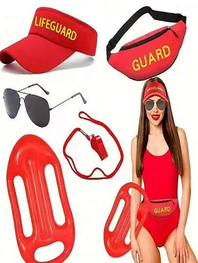 Bộ trang phục cứu hộ mùa xuân/hè mới (1/2/3/4/5 món), trang phục hóa trang ngày lễ bao gồm mũ lưỡi trai, kính râm đỏ, còi, ván lướt sóng, túi xách, trang phục đi nghỉ mát ở bãi biển, ngày Valentine.