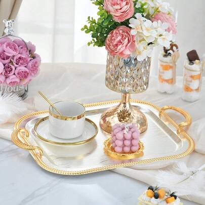 Luxury Iron Art Tray, Gold Rim, Suitable For Dining Table/Wedding/Display Rack, Natural Inspired Luxury Home Decor, Decorative Retro Rectangular Tray With Handle, Holiday Party Decor And Serving Tray, Family Gathering Blessing Ceremony Tableware, Cosmetics And Jewelry Storage Tray
