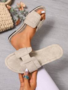 韩版休闲平底凉鞋，露趾罗马编织凉鞋，适合春季、夏季、海滩、度假穿着，可搭配连衣裙，棕色 - 米色 - 查看 5