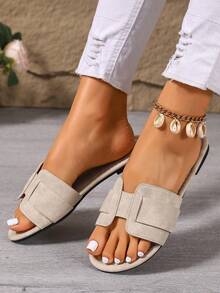 韩版休闲平底凉鞋，露趾罗马编织凉鞋，适合春季、夏季、海滩、度假穿着，可搭配连衣裙，棕色 - 米色 - 查看 2