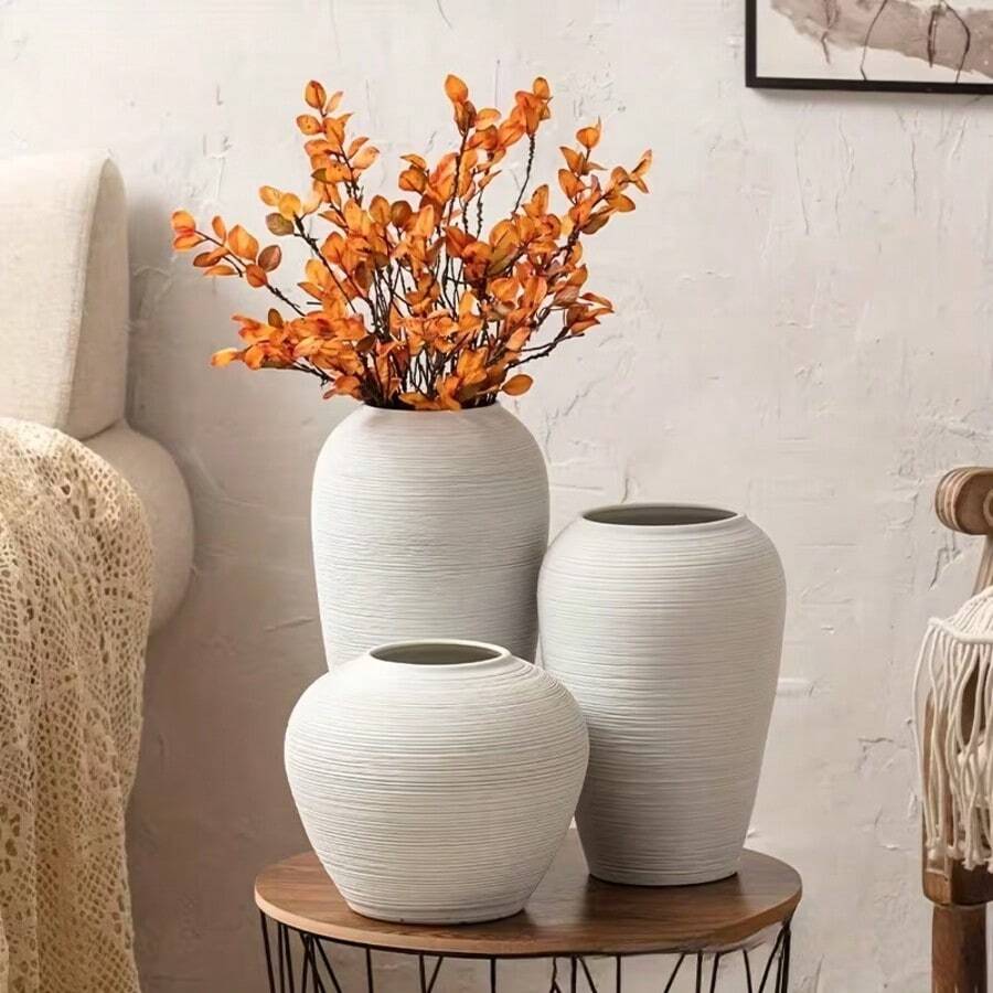 1 pieza Jarrón de hidroponía de estilo nórdico minimalista de cerámica grande, adecuado para la decoración del hogar, jarrón decorativo de flores de estilo minimalista moderno, adecuado para flores frescas, jarrón de estilo bohemio, adecuado para la sala de estar, comedor, estantería, centro de mesa, decoración del hogar, centro de mesa, decoración de escritorio, jarrón de flores grande a rayas blancas - Blanco - Ver 1