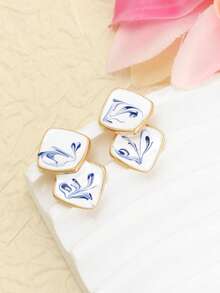 1 Pair Vintage Blue And White Porcelain Jacquard Geometric Rhombus Earrings, Suitable For Summer Daily Wear, Banquets, Parties, With High-End Elegance, Designed Specifically For Women - Multicolor - View 6