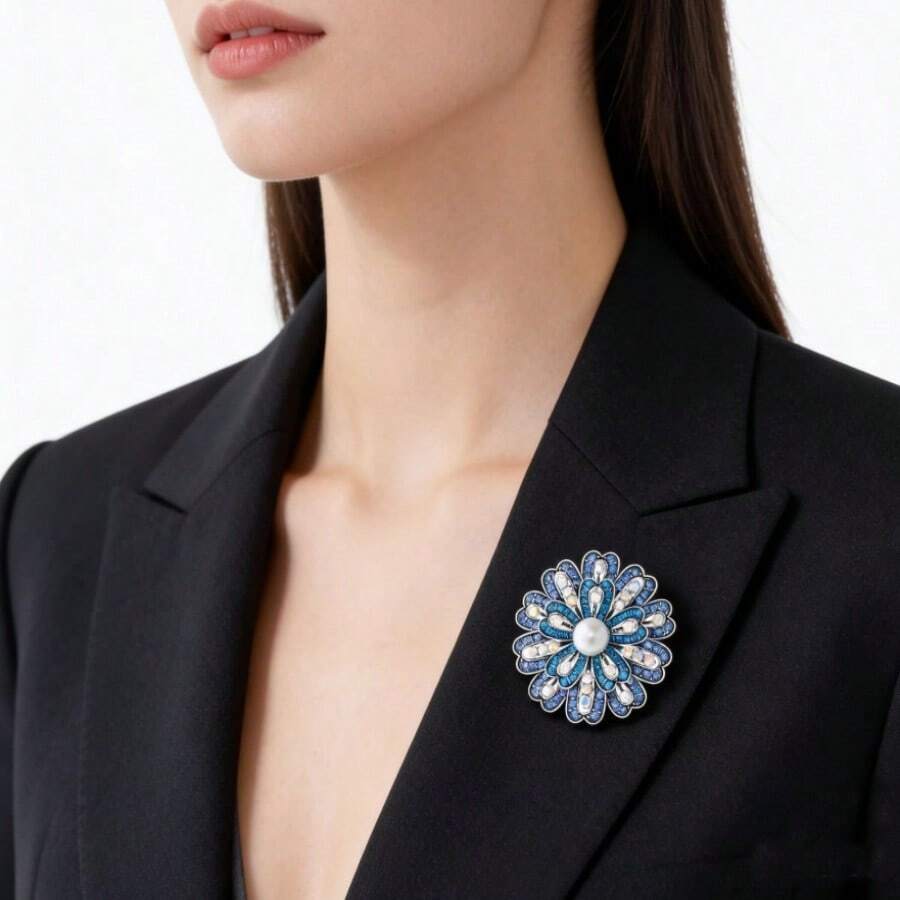 1pc Elegant Blue Flower Faux Pearl Rhinestone Alloy Brooch, Versatile Women Clothing Accessory - Imitation Pearl and Diamond-encrusted Blue Flower Brooch - View 1
