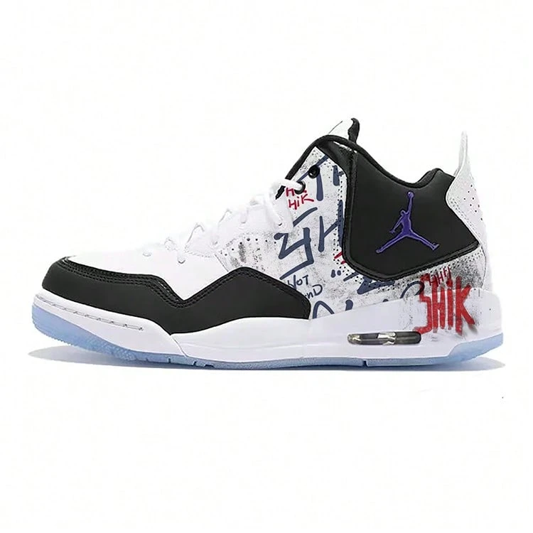 Jordan Courtside 23 Leather Cushioning Slip Resistant Breathable Mid Top Vintage Basketball Shoes Men's Black White Red Black And White - Black and White - View 1