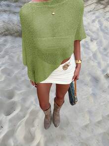 Women's New Off-Shoulder Semi-Sheer Sleeveless Asymmetric Knit Sweater, Fashionable Casual Sexy Beach Party Pullover, Spring/Summer - Green - View 5
