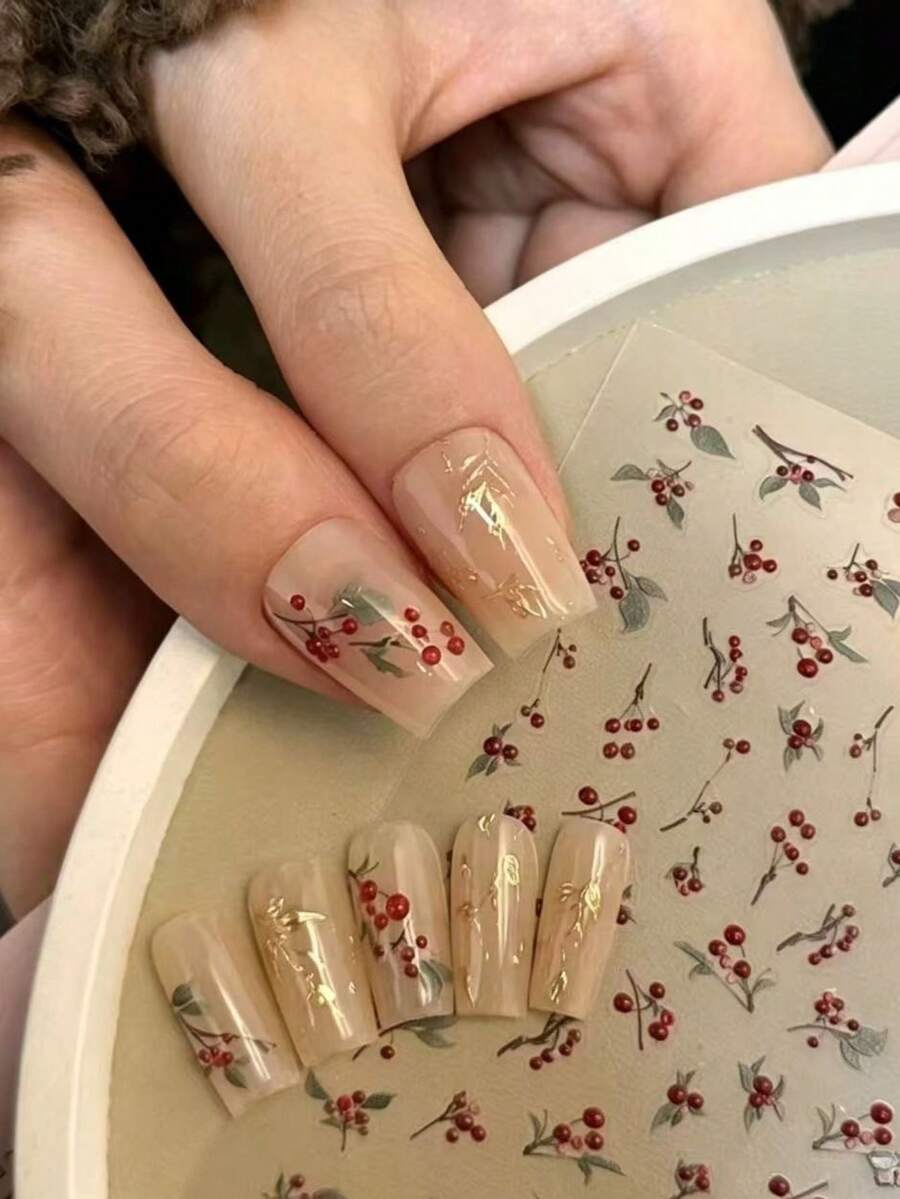 1片新款红豆美甲贴纸，轻薄柔韧的3D立体果冻美甲贴，奢华复古风 - 彩色 - 查看 1