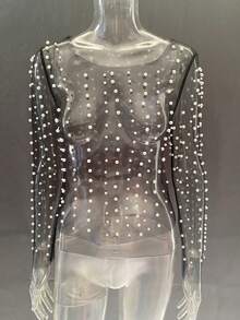 Elegant Solid Color Sheer Mesh Long Sleeve Top With Pearl Decor, Round Neck Fitted Versatile Blouse For Party, Night Out, Summer Vacation Black - Black - View 5