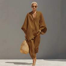2026 Spring/Summer Fashion Women's Casual Style Bat Sleeve V-Neck Loose-Fit Outfit - 淺棕色 - 查看 11