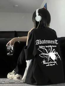 Women's King's Day Spider & Bat Anime Graphic T-Shirt In Thick Cotton, Gothic Print On The Back, Loose Fit, Casual Streetwear Style, Black Contrast, Summer - 黑色 - 查看 4