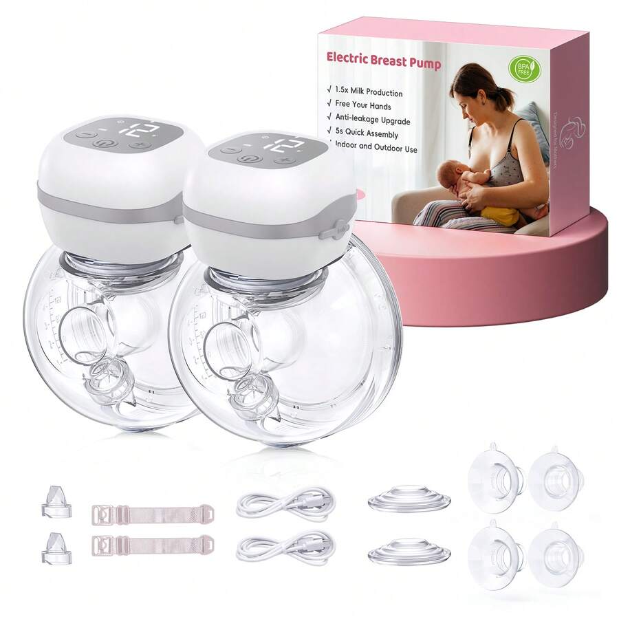 Portable Electric Breast Pump With 3 Modes And 12 Levels, 5 Seconds Assembly, Memory Mode, LCD Display, Portable Electric Breast Pump With 19mm/21mm Flange (2 Pack) - Xám - Xem 1