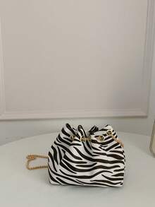 Mini New Fashion Straw Woven Gold Chain Drawstring Bucket Bag, Beach Bag - White - View 7