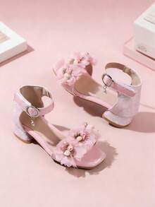 1 Pair New Spring/Summer Fashion Roman Flower Decor High Heel Sandals, Pearl Decor, Girls' High Heel Dance Shoes, Student Performance And Casual Sandals, Suitable For Party And Wedding - Pink - View 4