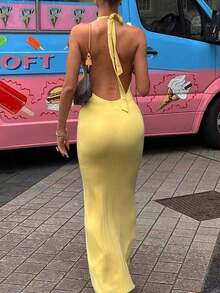 Vaiaye Women's Solid Color Fitted Deep Ruffle Backless Maxi Dress, Knitted High Stretch Minimalist Elegant European And American Style Sleeveless Long Dress, Suitable Vacation, Leisure And Daily Wear Summer - Màu vàng - Xem 1