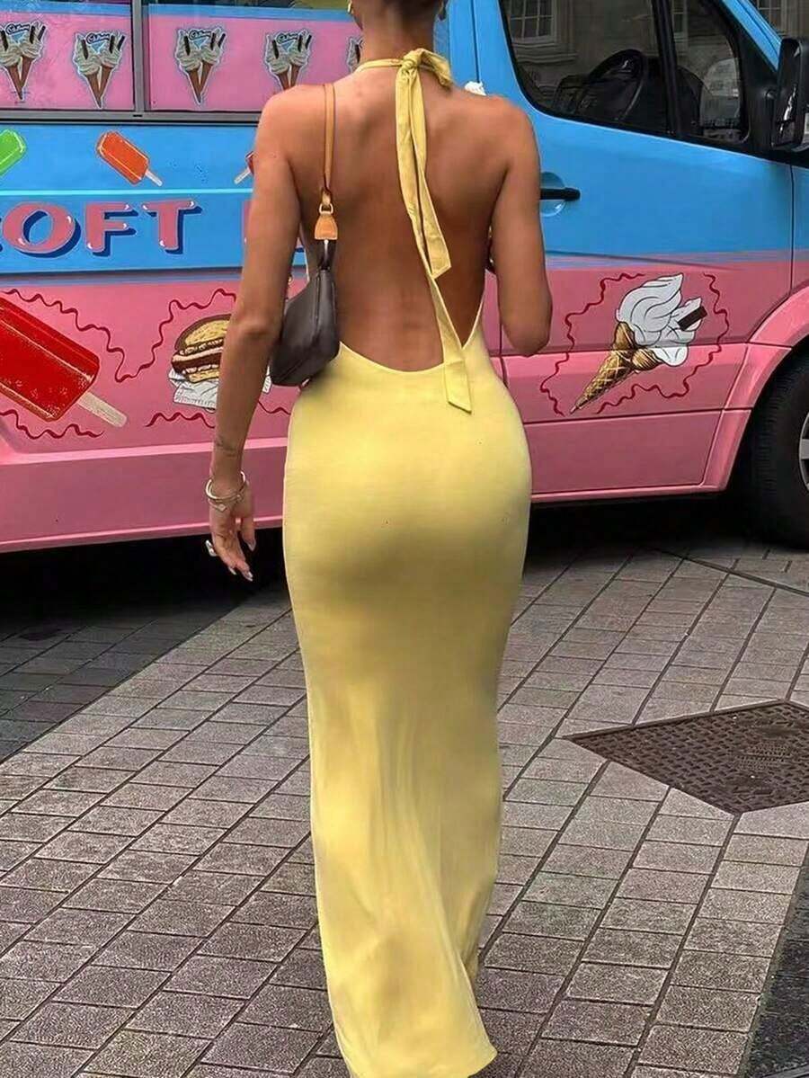 Vaiaye Women's Solid Color Fitted Deep Ruffle Backless Maxi Dress, Knitted High Stretch Minimalist Elegant European And American Style Sleeveless Long Dress, Suitable Vacation, Leisure And Daily Wear Summer - Màu vàng - Xem 1