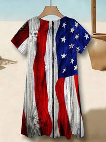 American Flag Independence Day Print Women V Neck Short Sleeve Dress Comfortable Breathable Casual Style Beach Vacation Outfit 250g - 彩色 - 查看 2