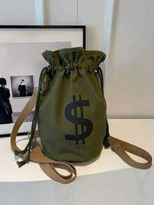 1 Piece Drawstring Waistband Printed Men's Small Crossbody Bag, Stylish Casual Canvas Tote, Simple And Versatile Bucket Bag, Suitable For Daily Outings, Work, Shopping, Outdoor Travel, And Multi-Scenario Use., Hiking Bag - 綠色 - 查看 3