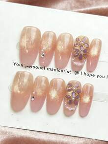 10pcs Handmade Wearable Nails, Spring Gentle French Nude Pink Cat Eye Fake Nails, Handmade 3D Floral Pearl Manicure, Medium-Long Flattering Removable Press-On Nail Stickers - Multicolor - View 3