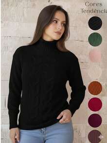 Women's Cold Temperature Sweater High Neck Wool Puff Sleeve Knitted Tricot Braids - 黑色 - 查看 5