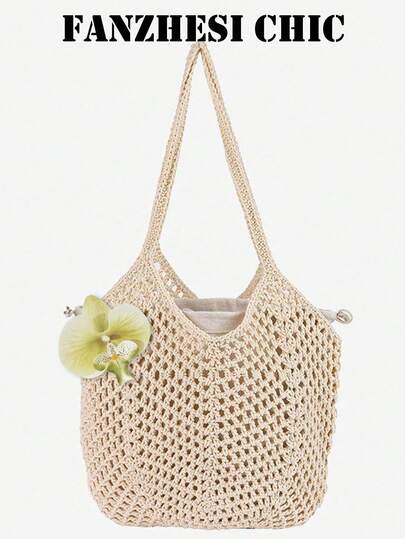 Bohemian Style Handwoven Raffia Straw Tote Bag, Decorated With Green Orchid Pattern, With Drawstring Lining. This Spacious Raffia Woven Tote Bag Is Perfect For Summer Beach Trips And Vacations.