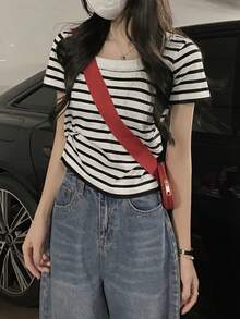 Women's Striped Design Contrast Color Short Sleeve Knit Top, Minimalist & Stylish Summer Wear White - White - View 3