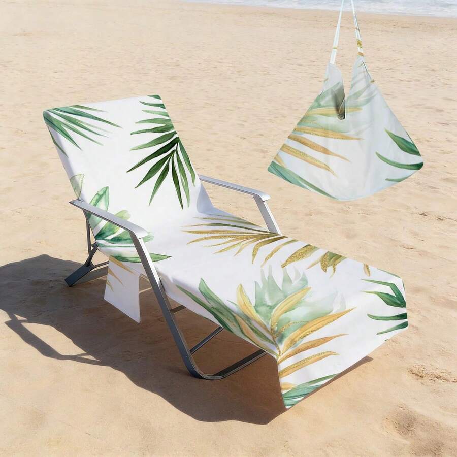 1pc Tropical Leaf Microfiber Beach Chair Cover, With Pocket, Lightweight & Breathable, Ideal For Travel & Beach Vacation, Pool Essential | Summer Style | Portable Beach Mat, Beach Towel - Style4 - View 1