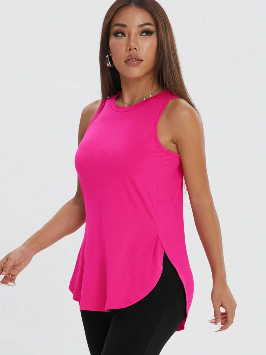 1pc Women's Casual Loose Sleeveless Side Slit Solid Color Pullover Sports Top For Outdoor Exercise, Spring/Summer - Hot Pink - View 1