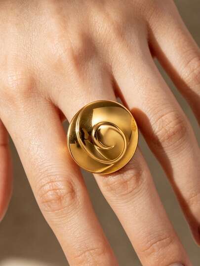 Mazuer 1pc 18K Gold Plated Swirl Textured Large Round Ring, Y2K Personalized Golden Stainless Steel Jewelry Gift, Adjustable Wide Band Ring For Women, Party & Daily Accessories