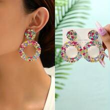 [Colored Diamonds With Random Color Placement]Gorgeous Rhinestone-Decorated Large Round Pendant Earrings For Women, Popular In European And American Fashion, Exaggerated And Elegant Jewelry, Suitable For Brides, Weddings, Parties, Holidays, And Vintage Style Earrings - 紫色 - 查看 11