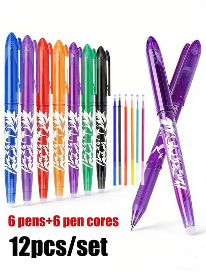 Bộ 12 chiếc (6 bút xóa được + 6 ruột bút thay thế) Bút bi xóa được nhiều màu sắc, ngòi 0.5mm, nhiều kiểu dáng, viết trơn tru, đồ dùng học tập và văn phòng chất lượng cao, quà tặng lý tưởng