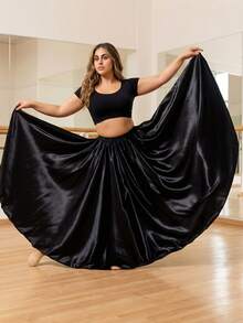 1pc Plus Size Women's 98cm Satin Long Maxi Skirt, Elastic Waist, Versatile For Daily Wear, Belly Dance, Princess Party, Cosplay, Flamenco Dance And More Sports - Black - View 4
