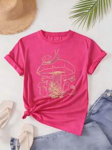Plus Size Women'S Aesthetic Mushroom Snail Goblin Core Mycology Print T Shirt, Fashionable Summer All-Season Tee, Party Holiday Gift, Knit Fabric, Regular Length Summer Vacation - 粉色 - 查看 1