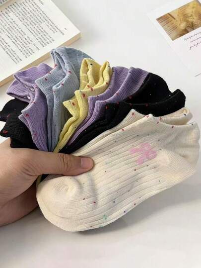 5双女士图案短袜，条纹船袜，四季皆宜，颜色随机