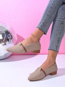 1 Pair Women's Thick Heel Slip-On Pointed Toe Rhinestone Embellished Shoes, Comfortable For Walking, Commuting, Versatile & Fashionable - Beige - View 10