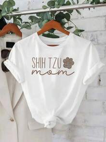 Women's Shih Tzu Mom Graphic T-Shirt - 100% Relaxed Fit Short Sleeve Tee With Shih Tzu & Paw Print Design, Black & White Dog Lover Shirt, Casual Summer Top For Shih Tzu Owners - 黑色 - 查看 1