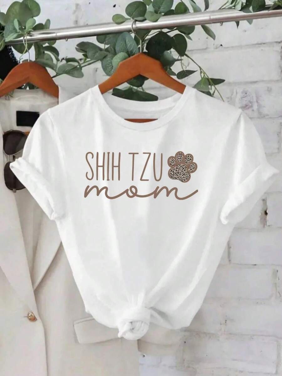 Women's Shih Tzu Mom Graphic T-Shirt - 100% Relaxed Fit Short Sleeve Tee With Shih Tzu & Paw Print Design, Black & White Dog Lover Shirt, Casual Summer Top For Shih Tzu Owners - 黑色 - 查看 1