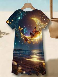 Butterfly And Moon Night Sky Beach Scene Print Women V Neck Short Sleeve Dress Comfortable Breathable Casual Style For Beach Vacation 250g - Nhiều màu - Xem 2