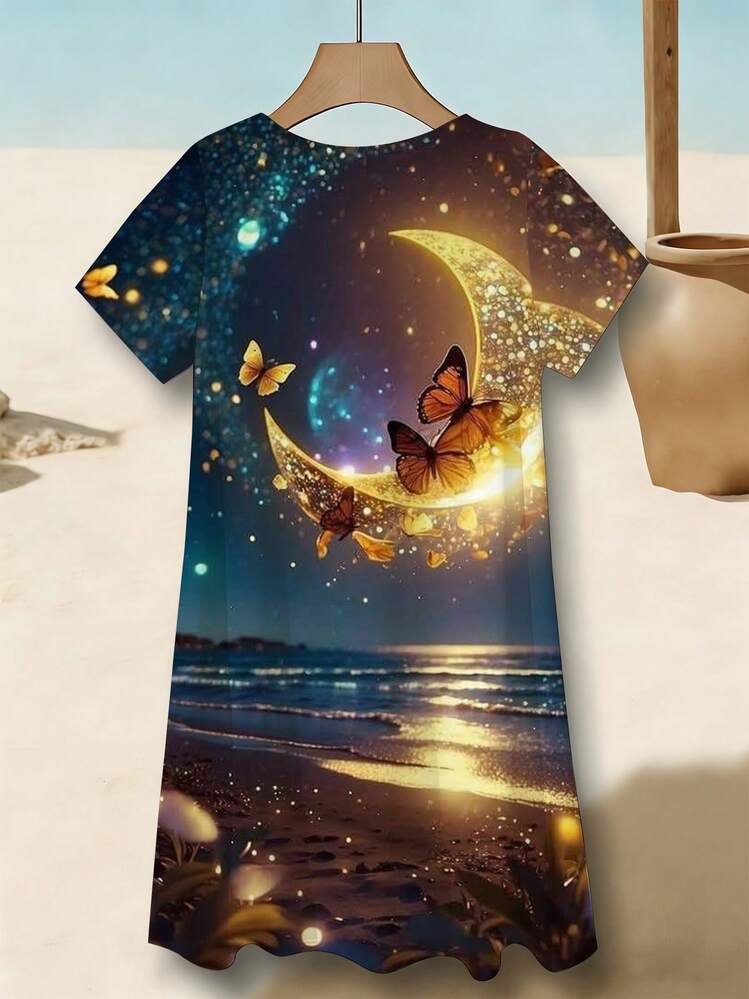Butterfly And Moon Night Sky Beach Scene Print Women V Neck Short Sleeve Dress Comfortable Breathable Casual Style For Beach Vacation 250g - Nhiều màu - Xem 2
