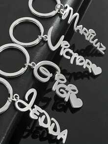 Customized Cartoon Heart-Shaped Keychain, Personalized Couples' Names Keychain, Stainless Steel Pendant, Fashion Accessory, Letter Element Gift, Round Ring - Multicolor - View 2