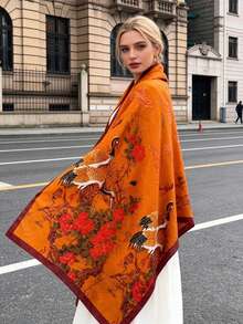 1件橙色仙鹤花卉印花披肩围巾，必备配饰，适合自己佩戴或作为节日礼物送给母亲、长辈。 - 珊瑚橙 - 查看 2